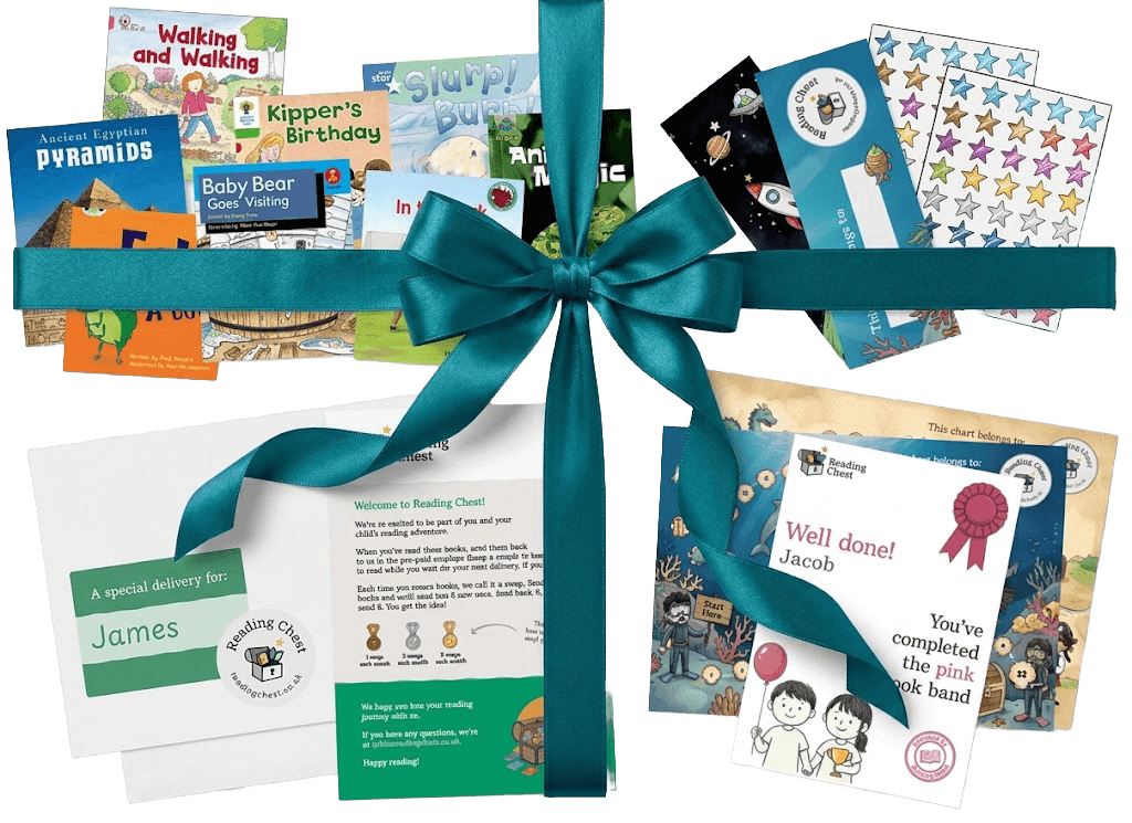 A Reading Chest gift: books, reward chart, stickers and certificate tied with a ribbon