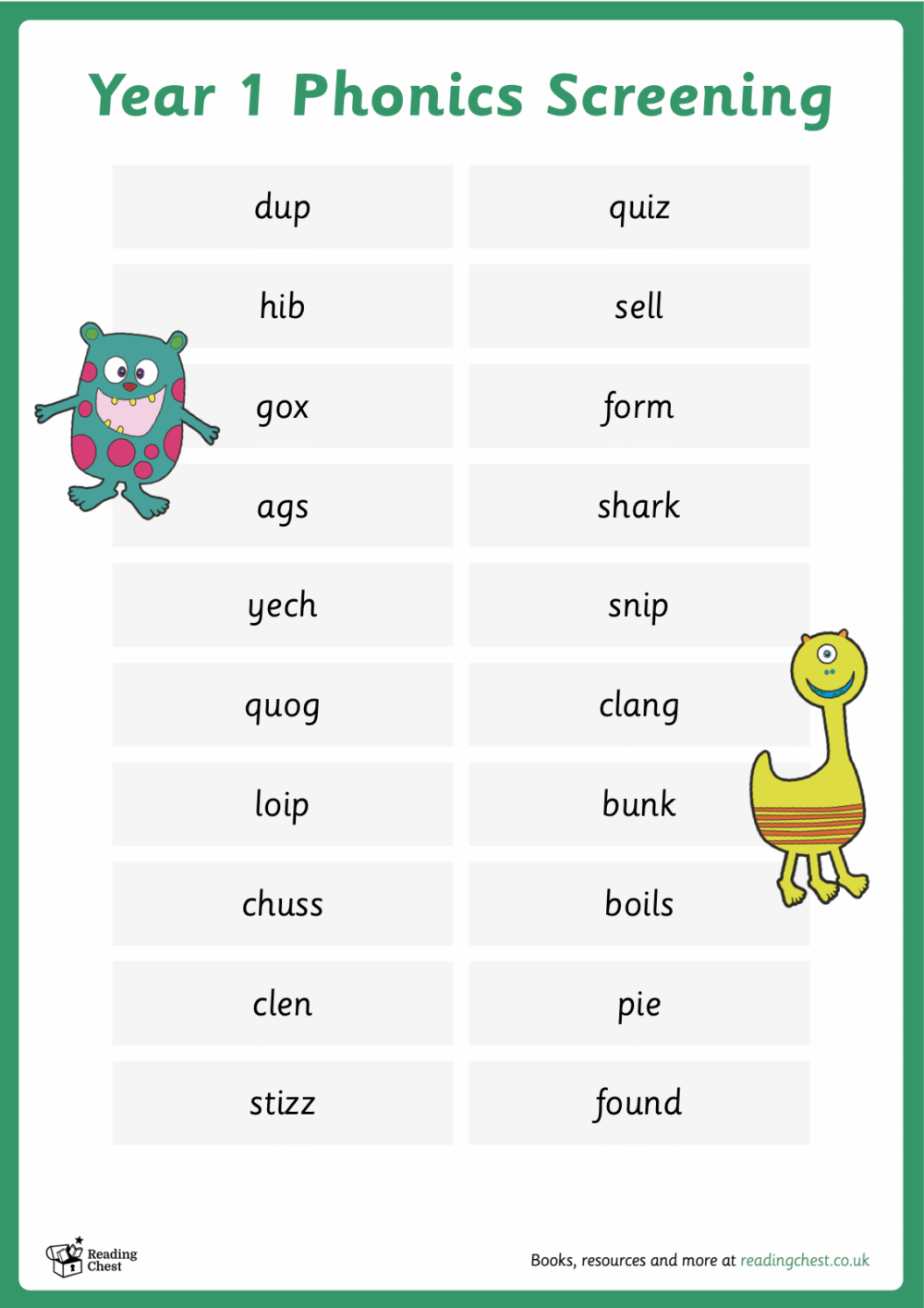 Phonics Screening Words List