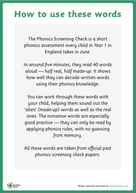 Phonics Screening Words List - Detail 1