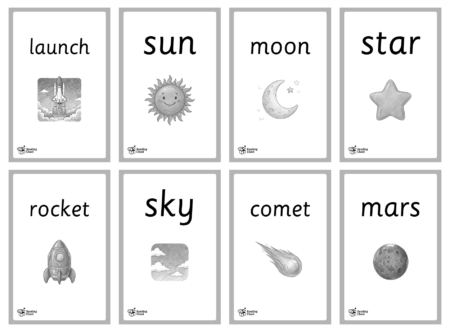 Space Phonics Flashcards - Black & White