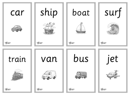 Transport Phonics Flashcards - Black & White